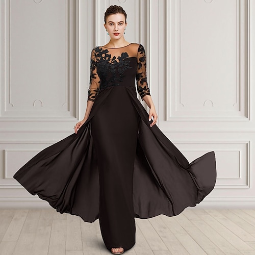 

Tube / kolonne Kjole til brudens mor Elegant Høj halset Gulvlang Chiffon Blondelukning 3/4-ærmer med Applikeret broderi 2023