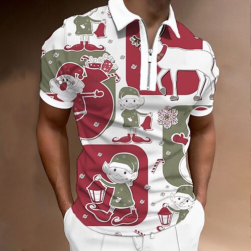 

Men's Christmas Golf Shirt Snowflake Santa Claus Zipper Print Short Sleeve Tops Sportswear Casual Fashion Streetwear Red