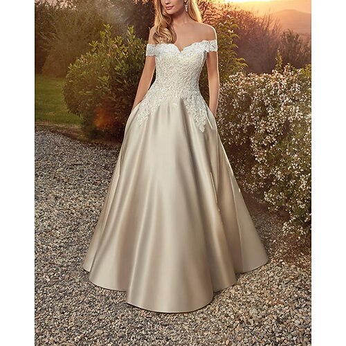 

A-Line Wedding Dresses Off Shoulder Floor Length Lace Satin Sleeveless Country Romantic with Appliques 2022