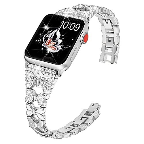 

Compatible With Apple Watch Band 38Mm 40Mm 41Mm, Easy Adjustable Bracelet For Women, Bling Shiny Diamond On Butterfly, Jewelry Replacement Bracelet For iwatch Series 7 6 5 4 3 2 1 Se - Silver