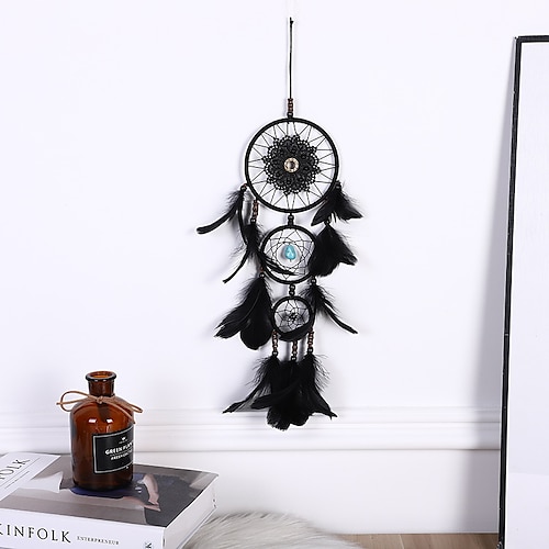 

Black Dream Catcher Handmade Gift with Tree-ring Feather Wall Hanging Decor Art Wind Chimes Boho Style Home Pendant