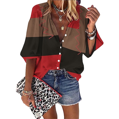 

Women's Blouse Shirt Blue Wine Geometric Color Block Print 3/4 Length Sleeve Daily Weekend Basic Streetwear Shirt Collar Regular Geometric S