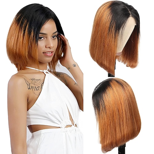 

Remy Human Hair 13x4x1 T Part Lace Front Wig Bob Brazilian Hair Straight Natural Straight Multi-color Wig 150% Density Valentine Lace Ombre Hair 100% Virgin With Bleached Knots For Women's Short