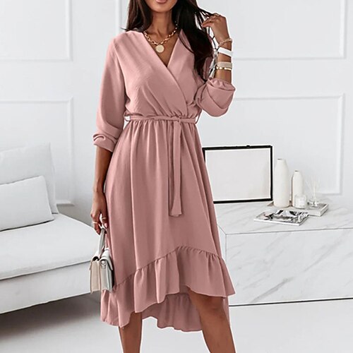 

Women's Casual Dress Swing Dress Midi Dress Green Black Pink Long Sleeve Pure Color Lace up Winter Fall Autumn V Neck Winter Dress Fall Dress S M L XL XXL