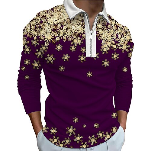 

Men's Christmas Golf Shirt 3D Print Snowflake 3D Print Zipper Long Sleeve Tops Casual Fashion Breathable Comfortable Purple