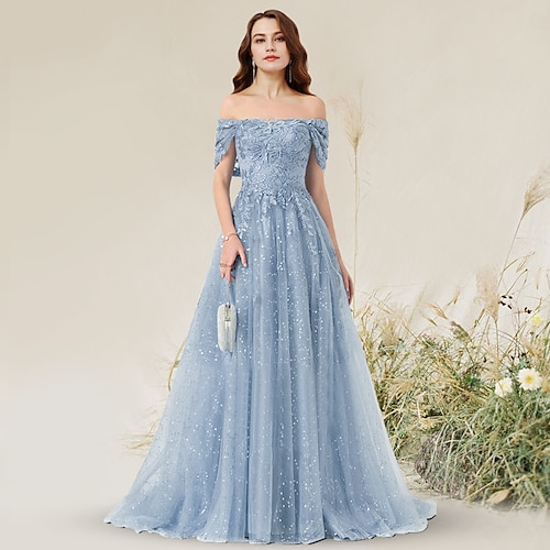 

A-Line Prom Dresses Elegant Dress Wedding Guest Sweep / Brush Train Sleeveless Off Shoulder Lace with Pleats 2022