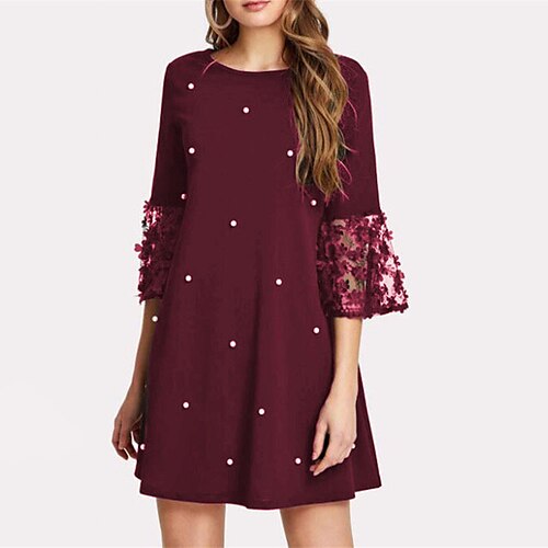 

Femme robe soirée Manches 3/4 Hiver Automne Dentelle Pois Col Ras du Cou Noir Vin S M L XL XXL 3XL 4XL 5XL