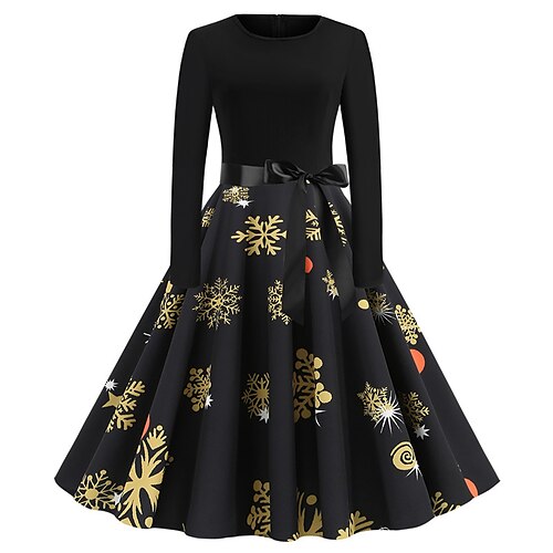 

Women's Christmas Swing Dress Knee Length Dress Black And White White Light Red Gold Red Long Sleeve Elk Snowman Bell Bow Print Fall Winter Round Neck Vintage Elegant 2022 S M L XL 2XL