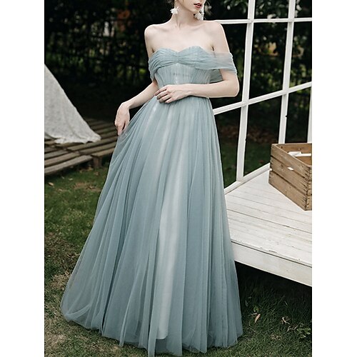 

A-Line Bridesmaid Dress Sweetheart Neckline / Off Shoulder Short Sleeve Elegant Floor Length Tulle with Pleats 2022