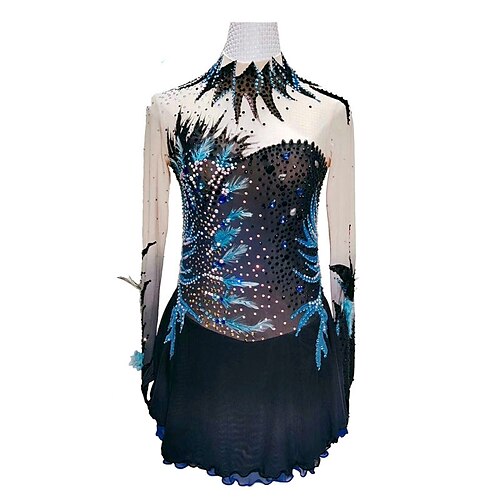 

Figure Skating Dress Women's Girls' Ice Skating Dress Outfits Blue Patchwork Spandex High Elasticity Training Competition Skating Wear Handmade Crystal / Rhinestone Long Sleeve Ice Skating Figure
