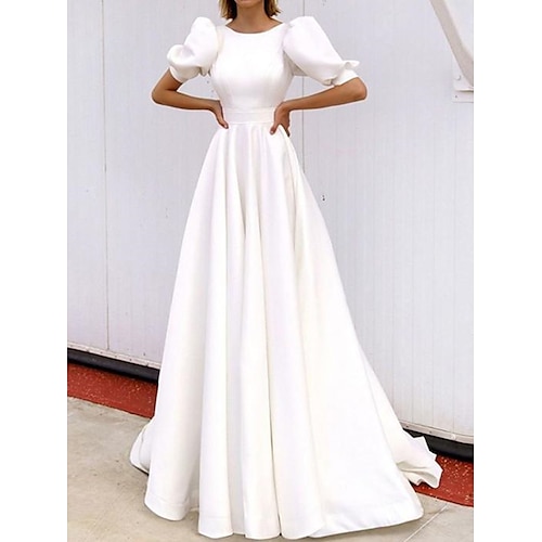 

A-Line Wedding Dresses Jewel Neck Court Train Stretch Fabric Half Sleeve Simple Glamorous with Pleats 2022