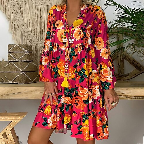 

Women's Casual Dress Swing Dress Mini Dress Yellow Pink Red Long Sleeve Floral Ruched Summer Spring V Neck Casual Winter Dress Fall Dress 2023 S M L XL XXL 3XL 4XL 5XL