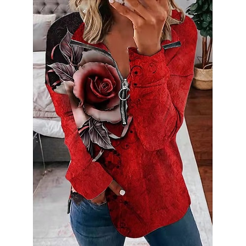 

Women's Pullover Basic Zipper Print Red Flower Loose Fit Daily Square Neck Long Sleeve S M L XL 2XL / 3D Print / Batwing Sleeve