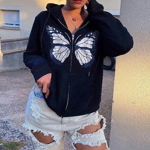 

Women's Zip Hoodie Sweatshirt Pullover Casual Black Gray Khaki Butterfly Loose Fit Party Hooded Long Sleeve S M L XL XXL