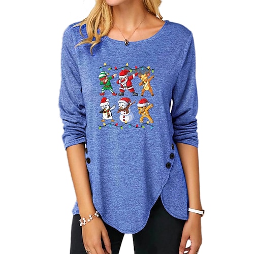 

Women's T shirt Tee Green Blue Purple Graphic Gnome Button Print Long Sleeve Gift Weekend Basic Round Neck Regular Abstract Painting S