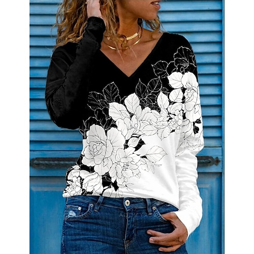 

Women's T shirt Tee Blue Pink Black Floral Color Block Print Long Sleeve Holiday Weekend Basic V Neck Regular Floral Painting S / 3D Print