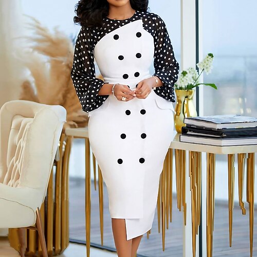 

Women's Sheath Dress Church Dress Knee Length Dress White Yellow Blue Long Sleeve Polka Dot Button Fall Winter Autumn Crew Neck Work Winter Dress Fall Dress 2023 S M L XL XXL 3XL