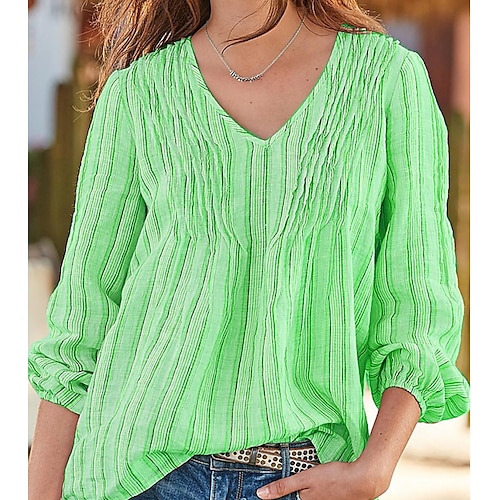 

Women's Blouse Shirt Peplum Green Blue Pink Striped Print Long Sleeve Casual Weekend Basic Streetwear V Neck Regular Lantern Sleeve S