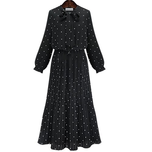 

robe longue Femme Robe Trapèze manche longue Eté Printemps - Décontractées Nœud devant Imprimer Pois Col Ras du Cou robe hiver robe automne 2023 Noir M L XL XXL 3XL