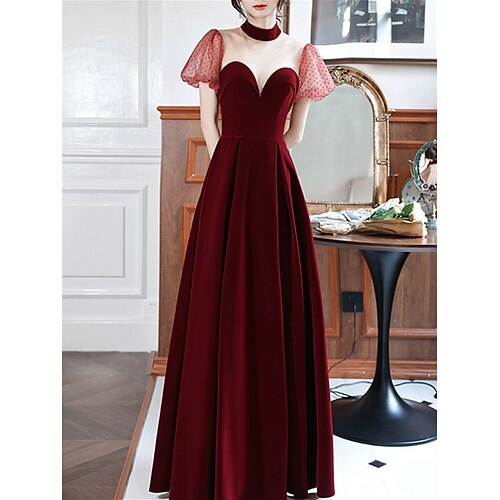 

A-Line Prom Dresses Elegant Dress Prom Floor Length Short Sleeve Jewel Neck Velvet with Pleats Splicing 2022 / Formal Evening