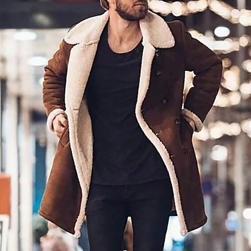 

Men's Shearling Coat Winter Jacket Winter Coat Sherpa jacket Thermal Warm Windproof Warm Daily Going out Single Breasted Turndown Streetwear Casual Jacket Outerwear Color Block Patchwork Pocket Black