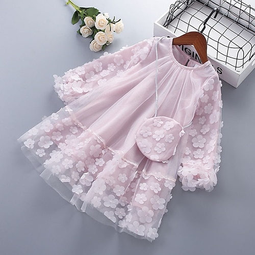 

Kids Girls' Dress Jacquard A Line Dress Above Knee Dress Ruched Cotton Long Sleeve Cute Dress 2-8 Years Fall Blue Pink White