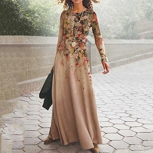 

Women's Swing Dress Maxi long Dress Pink Long Sleeve Floral Print Fall Winter Round Neck Elegant 2022 S M L XL XXL