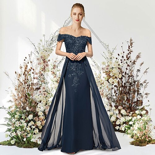 

Mermaid / Trumpet Evening Dresses Empire Dress Wedding Guest Floor Length Sleeveless Off Shoulder Chiffon with Beading Appliques 2022 / Prom