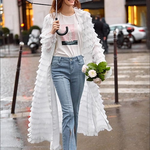 

Women's Coat Casual Jacket Outdoor Street Daily Fall Winter Maxi Coat Regular Fit Warm Breathable Streetwear Elegant Jacket Long Sleeve Solid Color Tassel Fringe Ruffle White Black