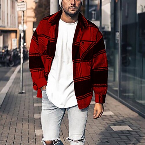 

Men's Flannel Shirt Overshirt Shirt Jacket Durable Casual / Daily Vacation To-Go Single Breasted Warm Ups Comfort Leisure Jacket Outerwear Grid Plaid Pocket Red White Winter