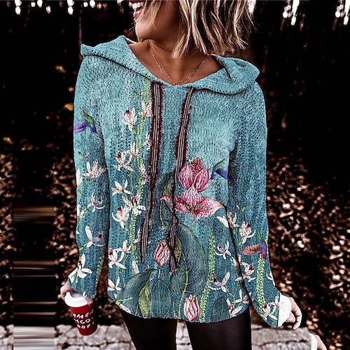 

Mujer Talla extra Tops Sudadera con capucha Floral Gráfico Estampado Manga Larga Escote en Pico Ropa de calle Diario Deportes Polyester Otoño Invierno Azul Piscina / Talla Grande