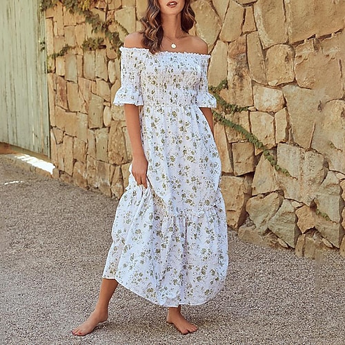 

Women's Casual Dress Shift Dress Tiered Dress Long Dress Maxi Dress White Yellow Purple Short Sleeve Graphic Ruched Winter Fall Spring Off Shoulder Fashion Vacation Weekend Slim 2023 S M L XL 2XL