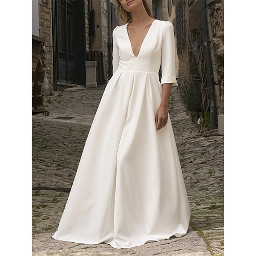 

A-Line Wedding Dresses Plunging Neck Sweep / Brush Train Satin Half Sleeve Country Simple Sexy with Lace Appliques 2022