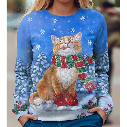 

Women's Sweatshirt Pullover Cat Graphic Prints Print Casual Sports 3D Print Active Streetwear Hoodies Sweatshirts Blue Navy Blue