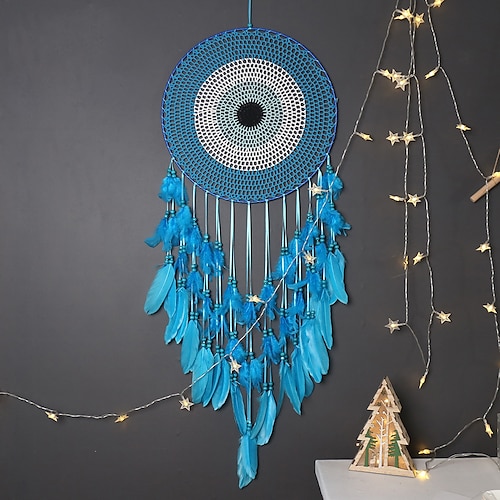 

Dream Catcher Blue Monster Handmade Gift with One BLue Circle Feather Wall Hanging Decor Art Wind Chimes Boho Style Home Pendant 40cm/16''