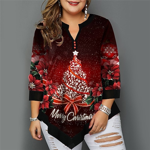 

Women's Plus Size Christmas Tops T shirt Tee Christmas Tree Print 3/4 Length Sleeve V Neck Casual Festival Daily Cotton Spandex Jersey Winter Fall Black