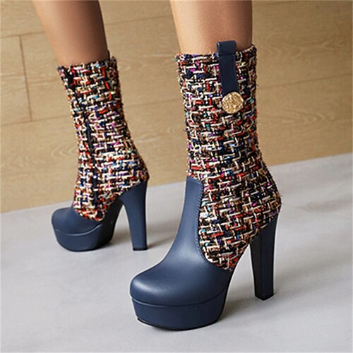 

Women's Boots Daily Heel Boots Mid Calf Boots Chunky Heel Round Toe PU Zipper Color Block Yellow Red Blue