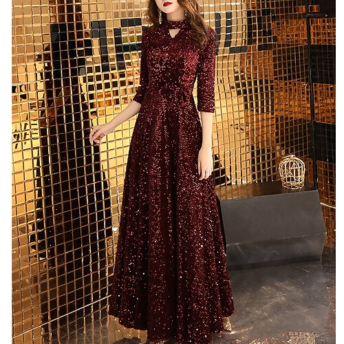 

A-Line Minimalist Sparkle Prom Formal Evening Dress Jewel Neck 3/4 Length Sleeve Floor Length Sequined with Sequin Pure Color 2022