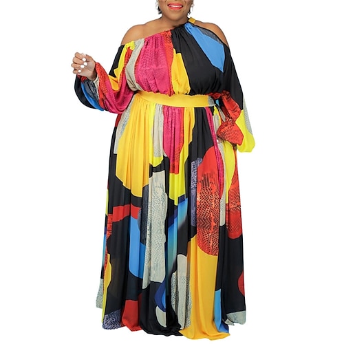 

Women's Plus Size Holiday Dress Color Block One Shoulder Print Long Sleeve Fall Spring Casual Maxi long Dress Daily Vacation Dress
