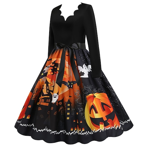 MOKBAY Halloween Kleid Damen - Vintage Swing Kleid Langarm Mit Taillenband, Hexen Kostüm