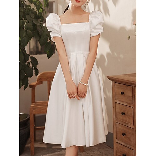 

A-Line Wedding Dresses Square Neck Knee Length Satin Short Sleeve Simple Vintage Little White Dress 1950s with Bow(s) 2022