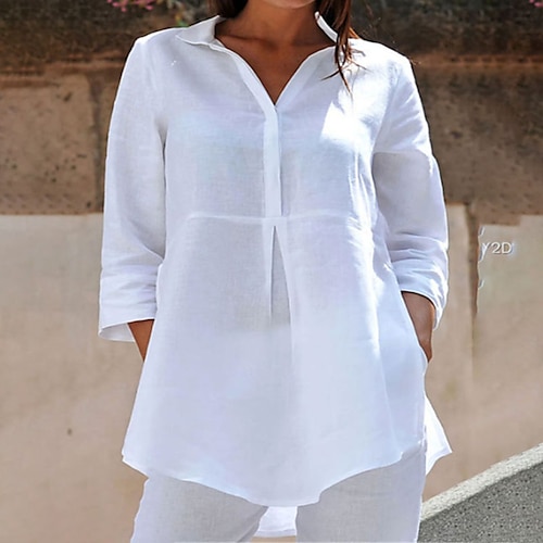 

Women's Plus Size Tops Blouse Shirt Plain Button Asymmetric 3/4 Length Sleeve Shirt Collar Streetwear Preppy Daily Sports Polyester Spring Fall White Black