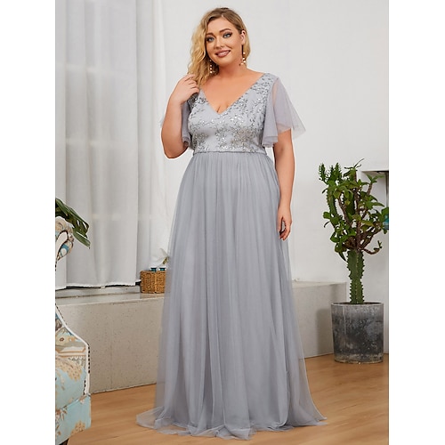 

A-Line Bridesmaid Dress Plunging Neck Short Sleeve Plus Size Floor Length Tulle / Sequined with Sequin 2022 / Open Back