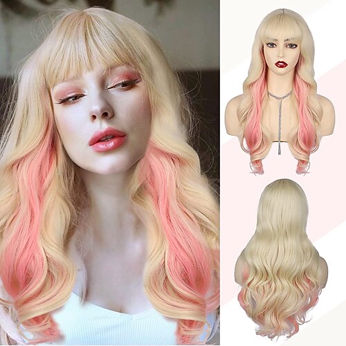 

Blonde Mix Pink Wig with Bangs Long Blonde Wavy Wig for Women Synthetic Heat Resistant Mix Pink Wig for Daily Party