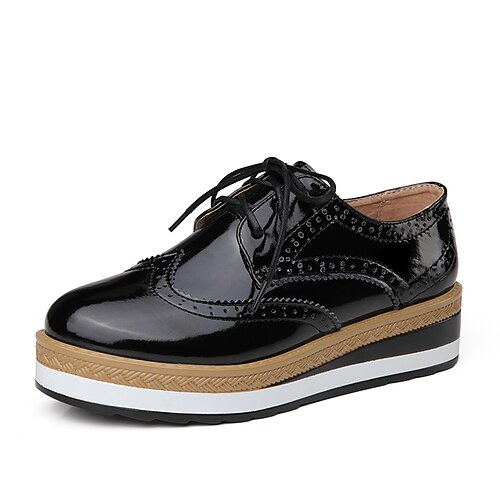 

Mujer Oxfords Oficina Diario Tacón Plano Dedo redondo PU Cordones Color sólido Negro y Oro Negro