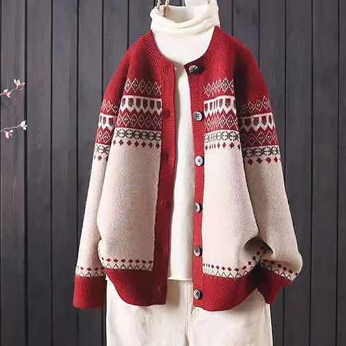 

Damen Strickjacke Strickwaren Stricken Strick Geometrisch Rundhalsausschnitt Stilvoll Täglich Drop-Schulter Winter Herbst Rote Marineblau Kaffee S / Langarm / Farbblock / Regular Fit