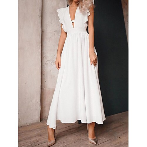 

A-Line Wedding Dresses Plunging Neck Ankle Length Stretch Fabric Sleeveless Simple Sexy with Ruffles 2022
