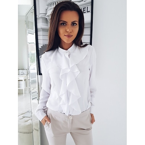 

Women's Shirt Blouse Black White Pink Plain Ruffle Button Long Sleeve Daily Weekend Streetwear Casual Standing Collar Regular S