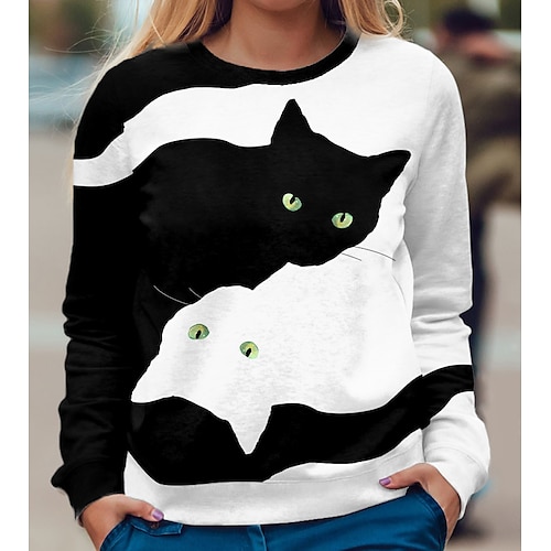 

Mulheres Moletom Estacionar Ativo Roupa de rua Imprimir Preto Animal Gato Casual Decote Redondo Manga Longa S M L XL XXL / Impressão 3D