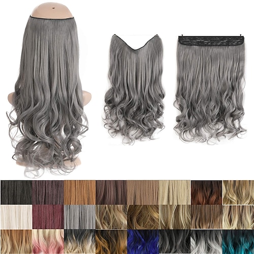 

Halo Hair Extensions 16 Inch 3.7 Oz Synthetic Curly Wavy Short Invisible Transparent Wire Adjustable Size Heat Resistance Fiber No Clip Hairpieces for Women Girls